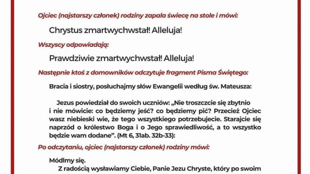 Błogosławieństwo pokarmów przed posiłkiem w Niedzielę Zmartwychwstania Pańskiego