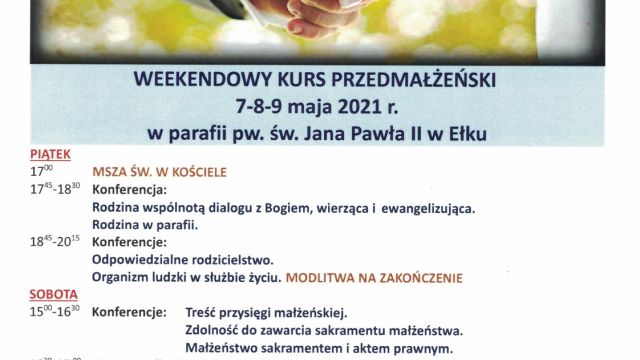 Weekendowy Kurs Przedmałżeński 7-9 maja 2021 r.
